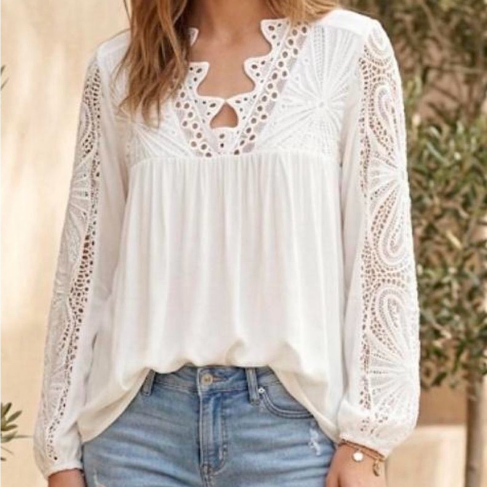 Cactus & Pearl Boho  White Crochet Lace Trim Peasant Blouse Top SZ S EUC